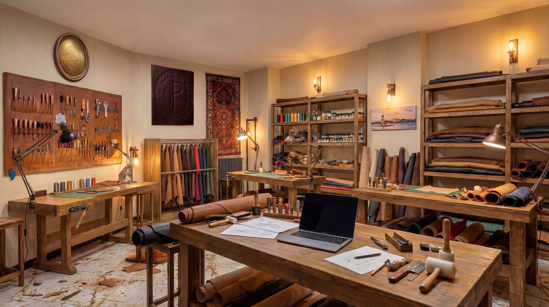 Inside the Paz Leather Art atelier in Istanbul — workbenches, shelves of hides and the embossed Paz seal on the wall
