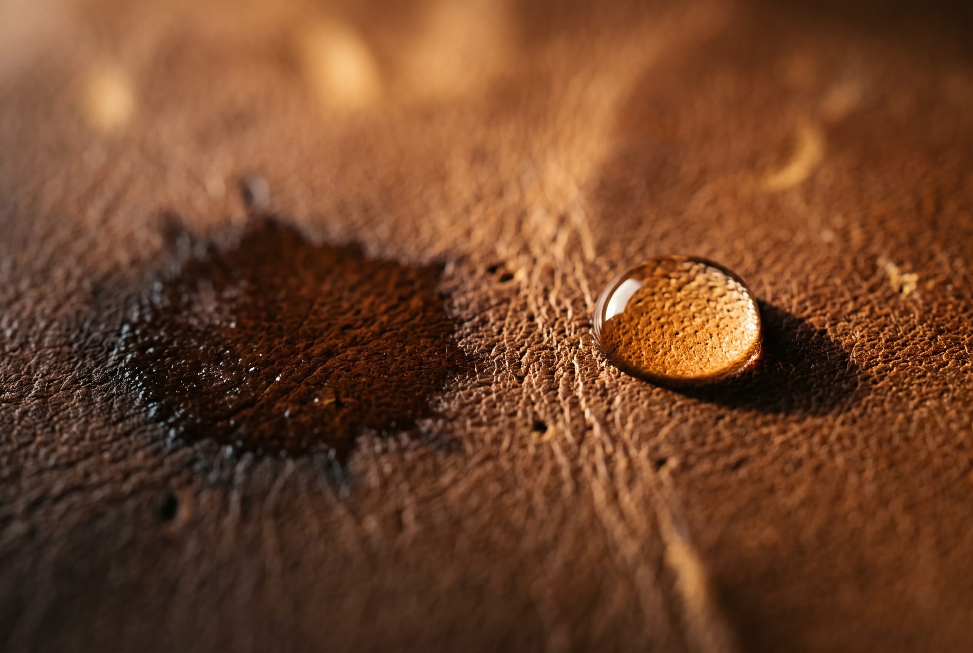 A single bead of water sitting on a cognac leather surface next to a second spot where an earlier drop has already soaked in and left a dark ring, the two states visible side by side under raking light