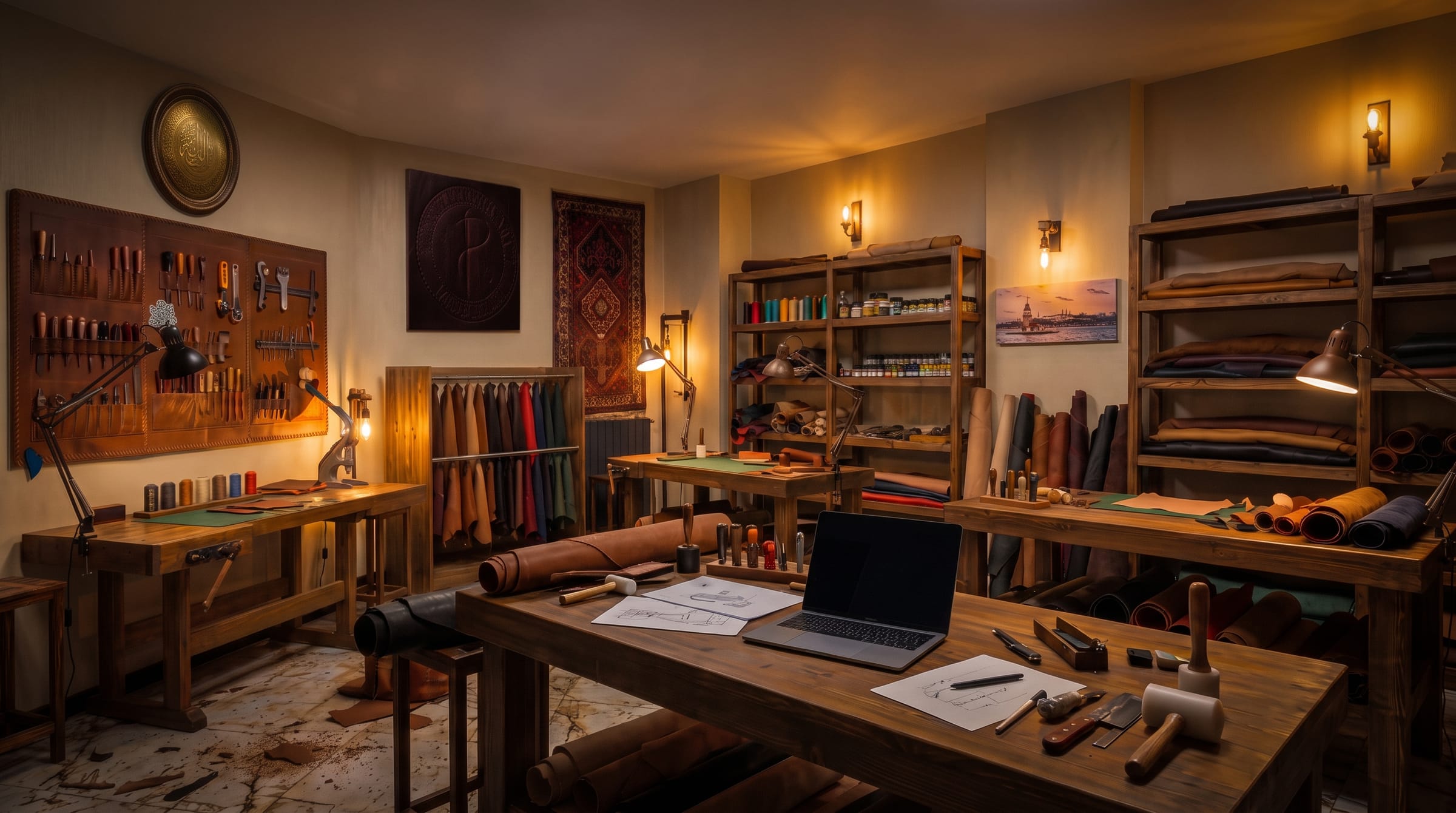 The Paz Leather Art atelier in Istanbul: walnut workbenches, a wall of hand tools, rolled hides on the shelves and pattern drawings on the bench