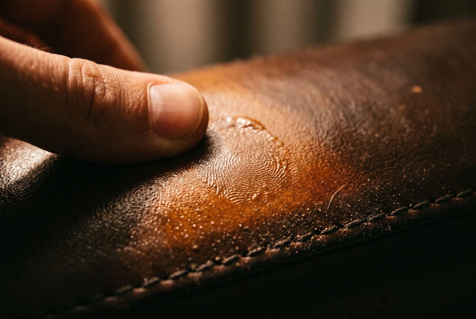 A thumb pressing into a dark over-oiled leather surface, lifting a faintly glossy tacky sheen and leaving a visible print, with dust clinging along one edge