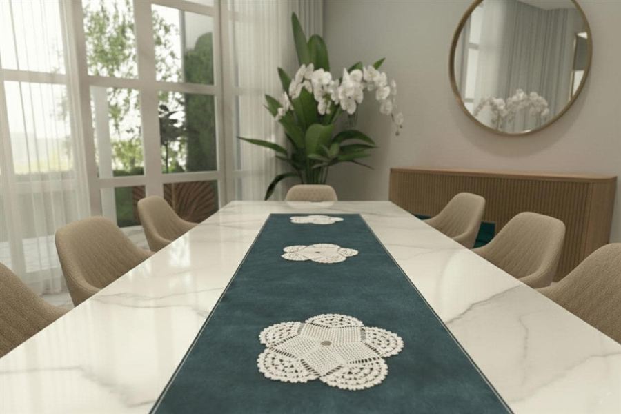 Pueblo leather table runner with hand-crocheted lace