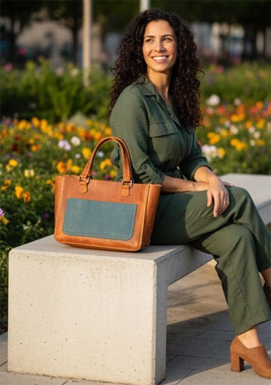 A hand-stitched Crazy Horse leather tote bag with a teal Italian Pueblo accent pocket, standing upright and holding its own shape, matte surface with visible saddle stitching