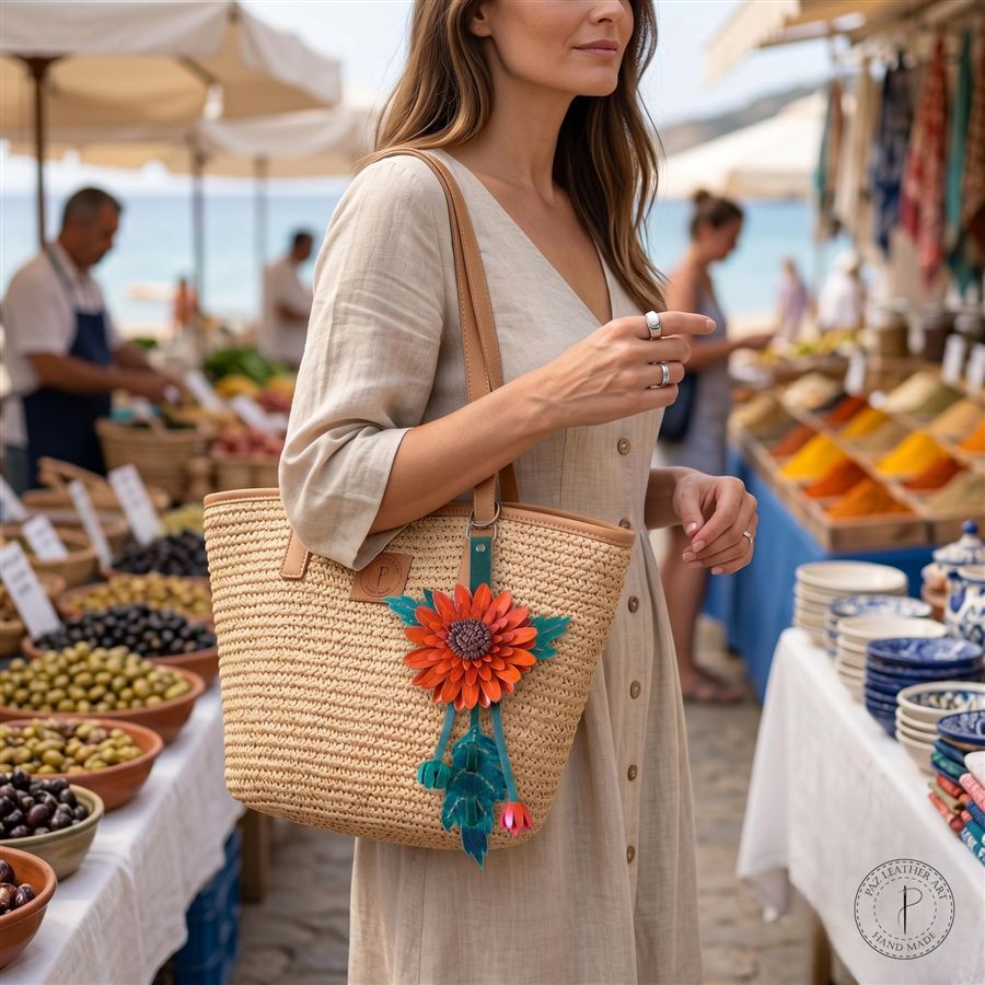 Handmade orange daisy leather bag charm