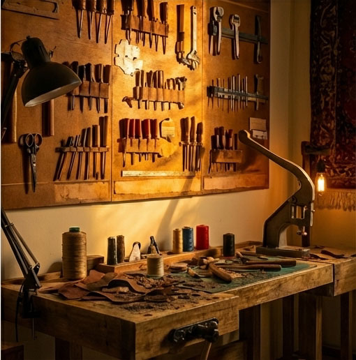 The Paz workbench — tool wall, thread spools and hand press under warm light